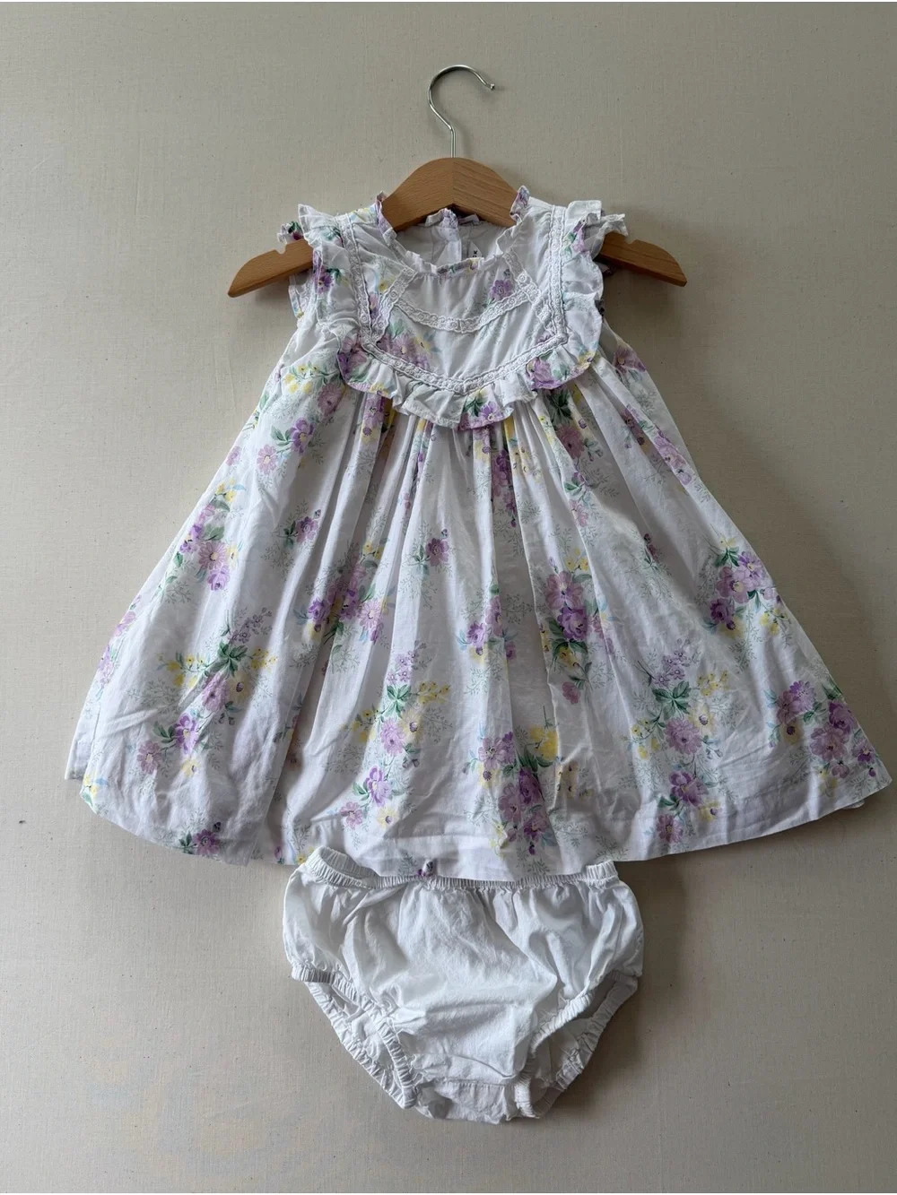 Janie and Jack White Dress with Lavender and Yellow Floral Print and Bloomer set